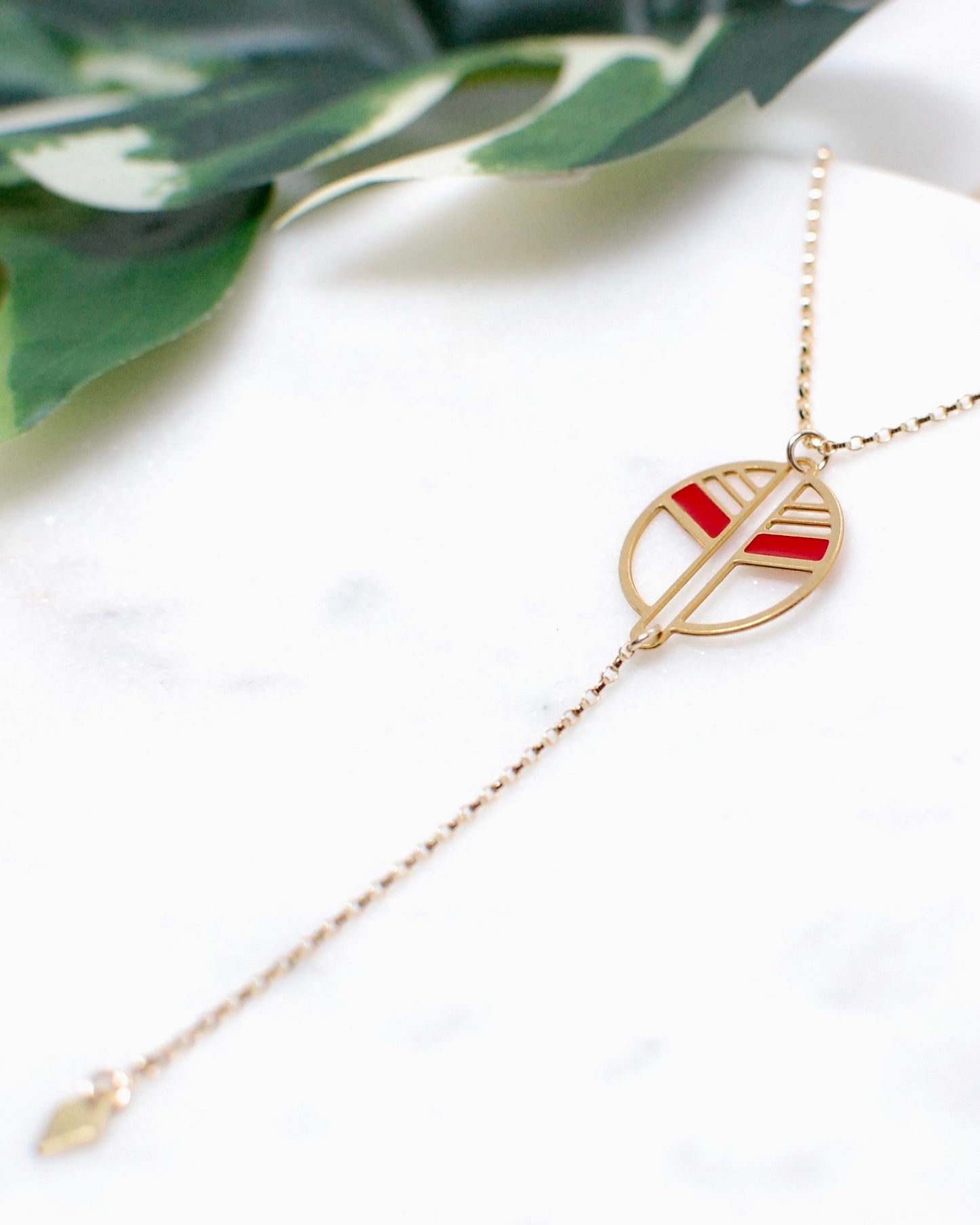 Circle Lariat Necklace- Red