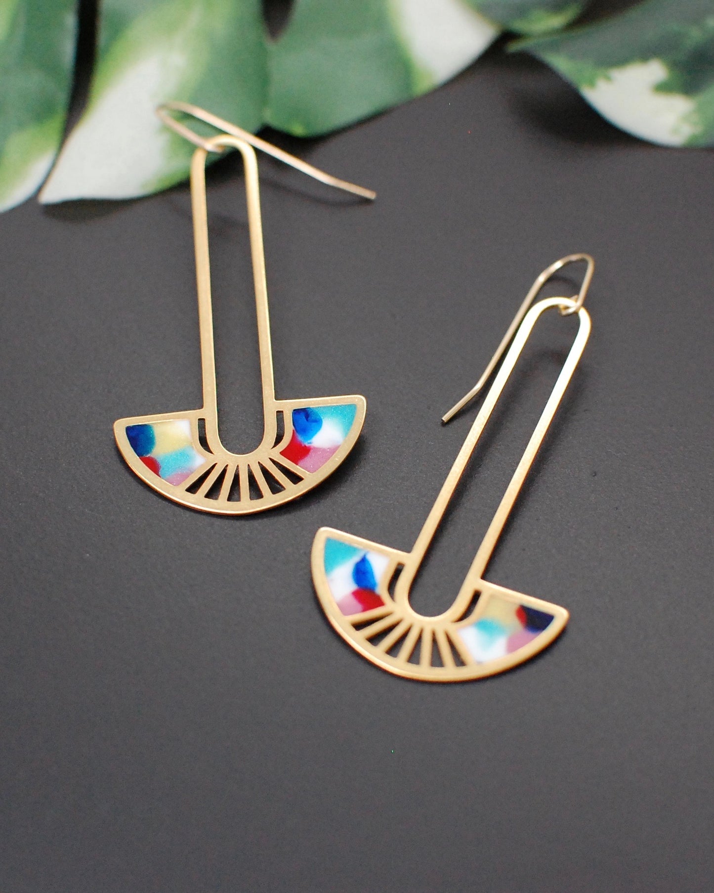 OOAK Watercolor Art Deco Fan Earrings